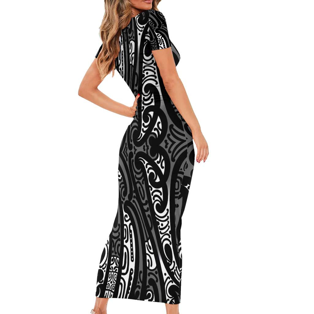 New Zealand Maori Taniko Family Matching Short Sleeve Bodycon Dress and Hawaiian Shirt Black Kowhaiwhai Puhoro