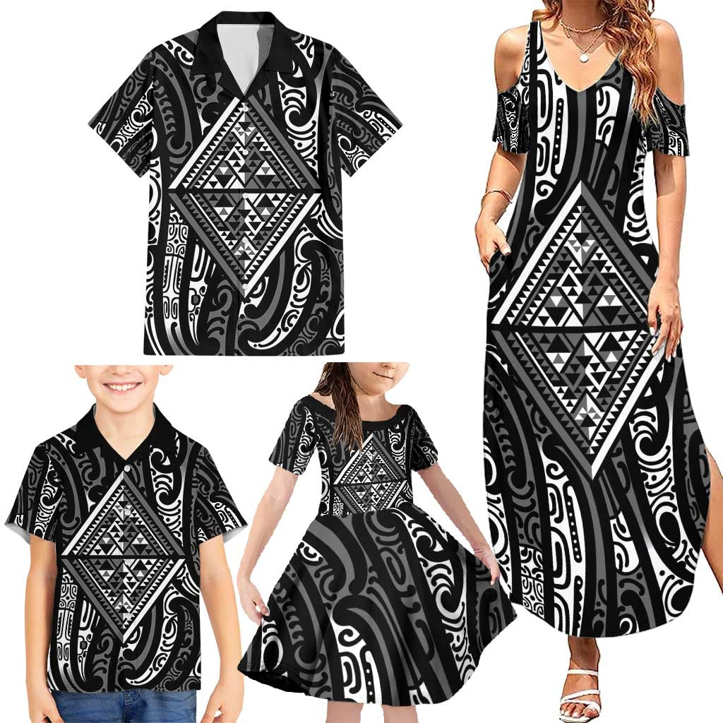 New Zealand Maori Taniko Family Matching Summer Maxi Dress and Hawaiian Shirt Black Kowhaiwhai Puhoro