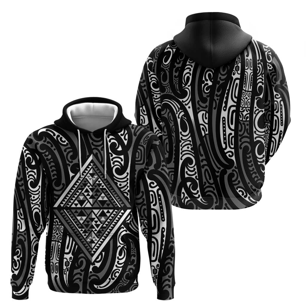 New Zealand Maori Taniko Hoodie Black Kowhaiwhai Puhoro