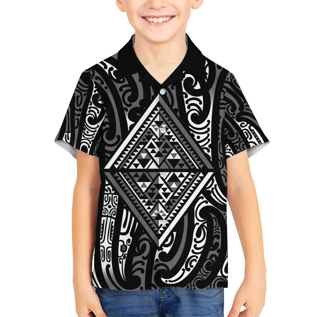 New Zealand Maori Taniko Kid Hawaiian Shirt Black Kowhaiwhai Puhoro