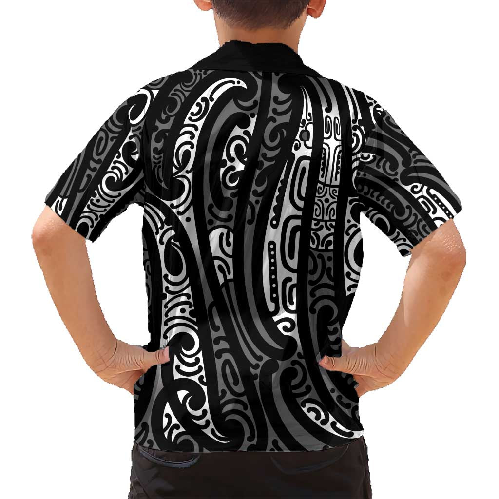 New Zealand Maori Taniko Kid Hawaiian Shirt Black Kowhaiwhai Puhoro