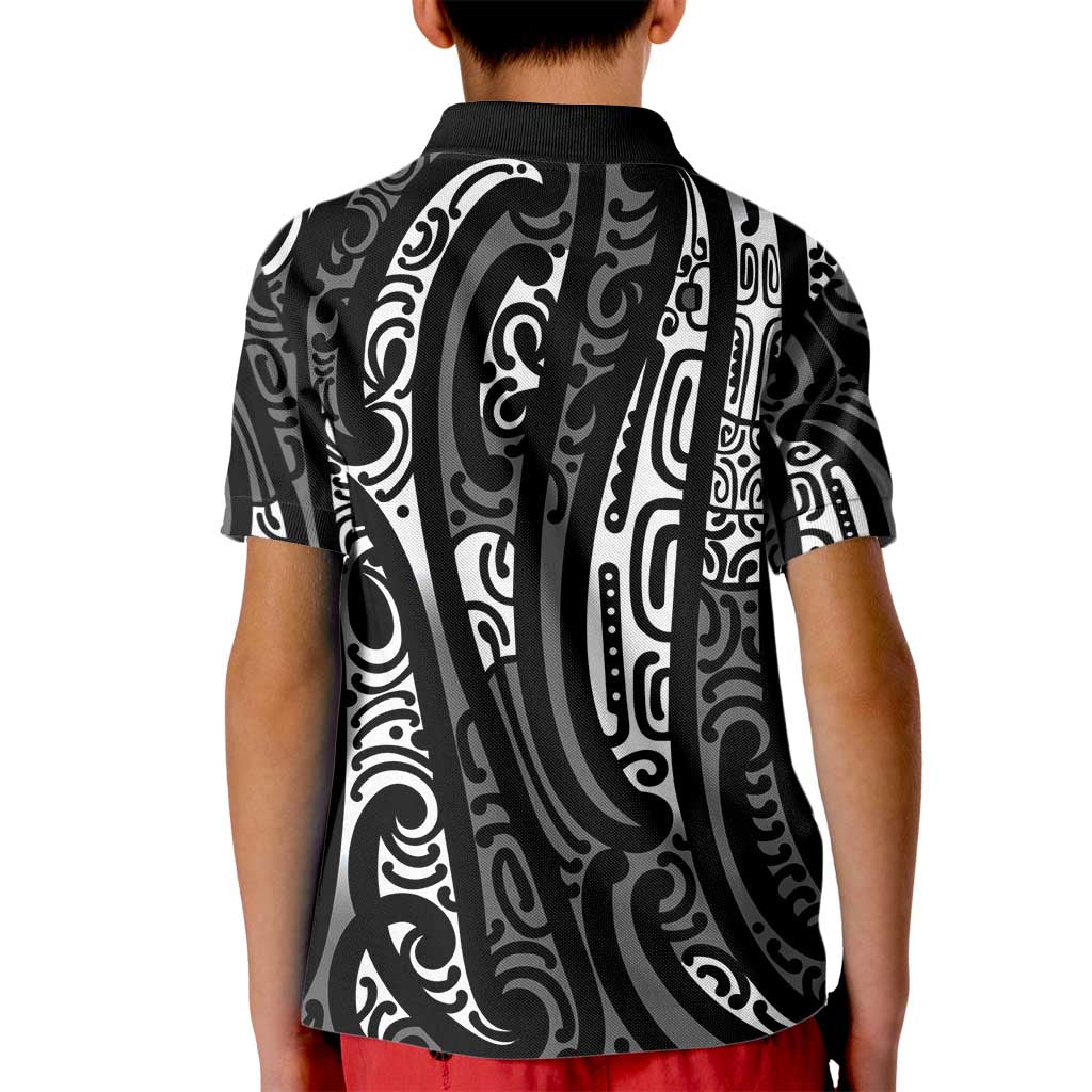 New Zealand Maori Taniko Kid Polo Shirt Black Kowhaiwhai Puhoro