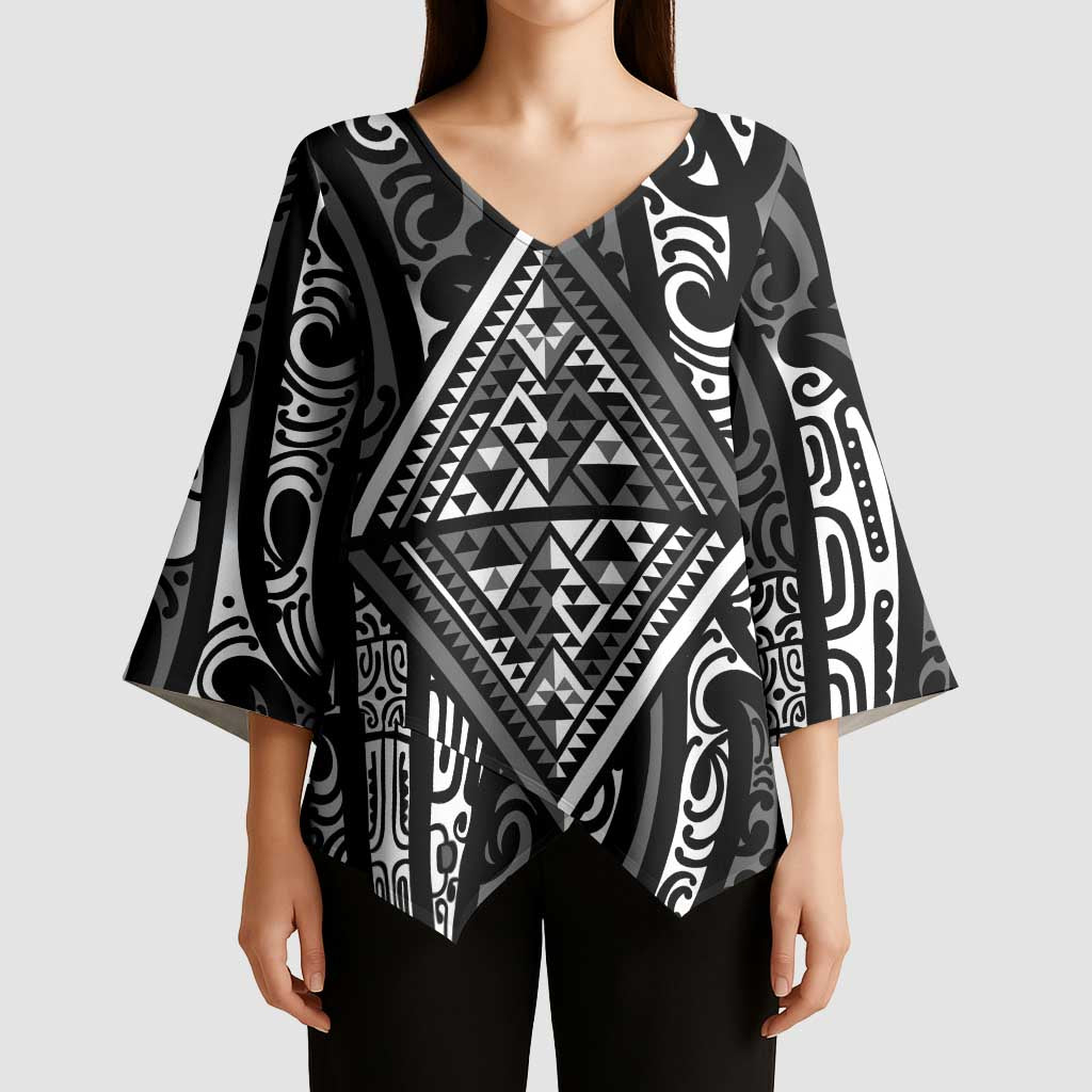 New Zealand Maori Taniko Kimono Sleeve Blouse Black Kowhaiwhai Puhoro - Polynesian Pride