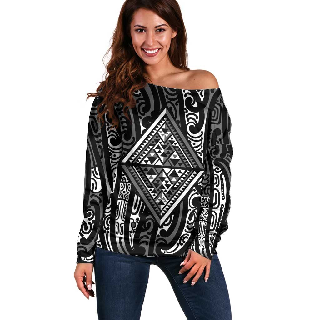 New Zealand Maori Taniko Off Shoulder Sweater Black Kowhaiwhai Puhoro
