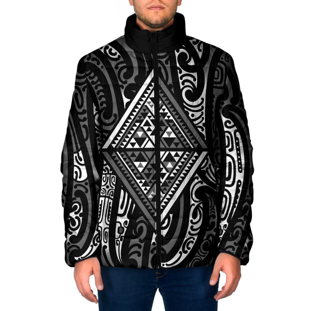 New Zealand Maori Taniko Padded Jacket Black Kowhaiwhai Puhoro - Polynesian Pride