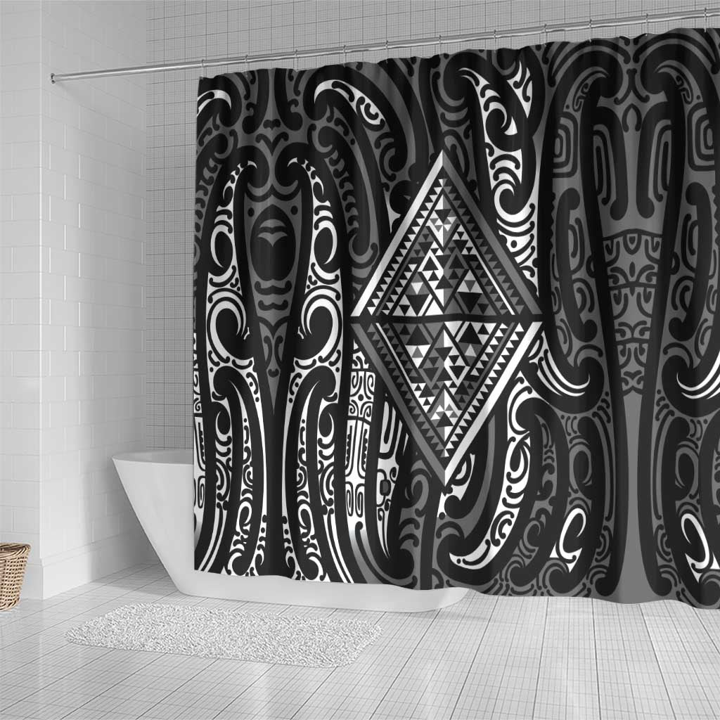 New Zealand Maori Taniko Shower Curtain Black Kowhaiwhai Puhoro