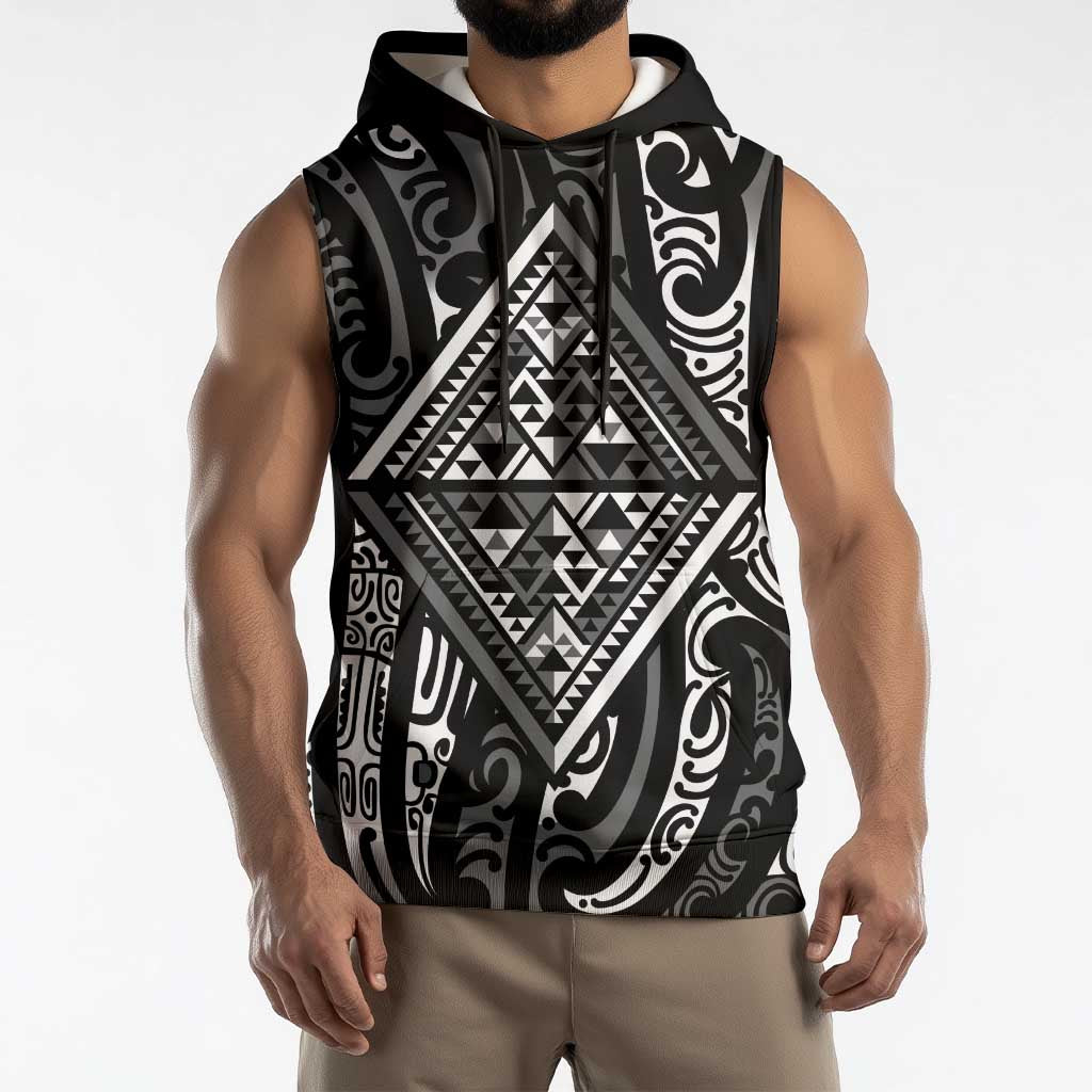 New Zealand Maori Taniko Sleeveless Hoodie Black Kowhaiwhai Puhoro - Polynesian Pride