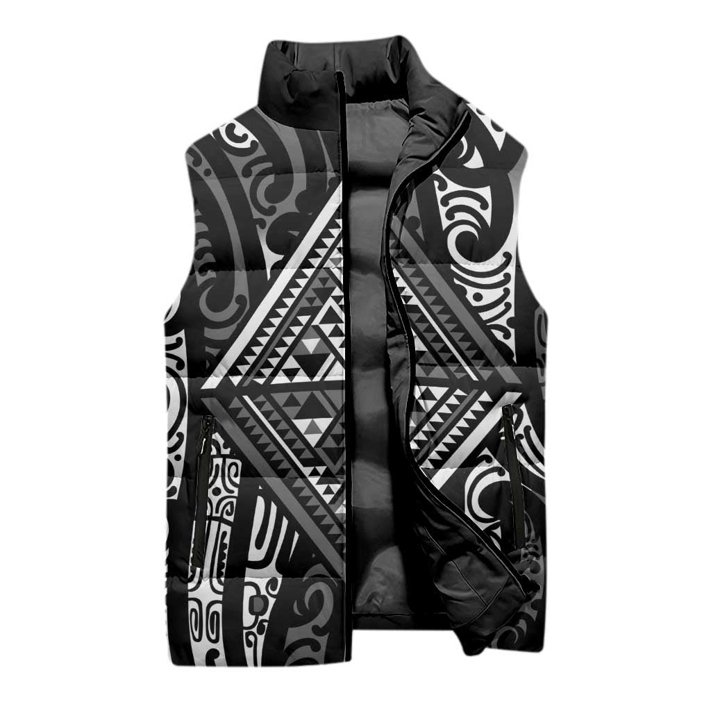 New Zealand Maori Taniko Sleeveless Puffer Jacket Black Kowhaiwhai Puhoro - Polynesian Pride