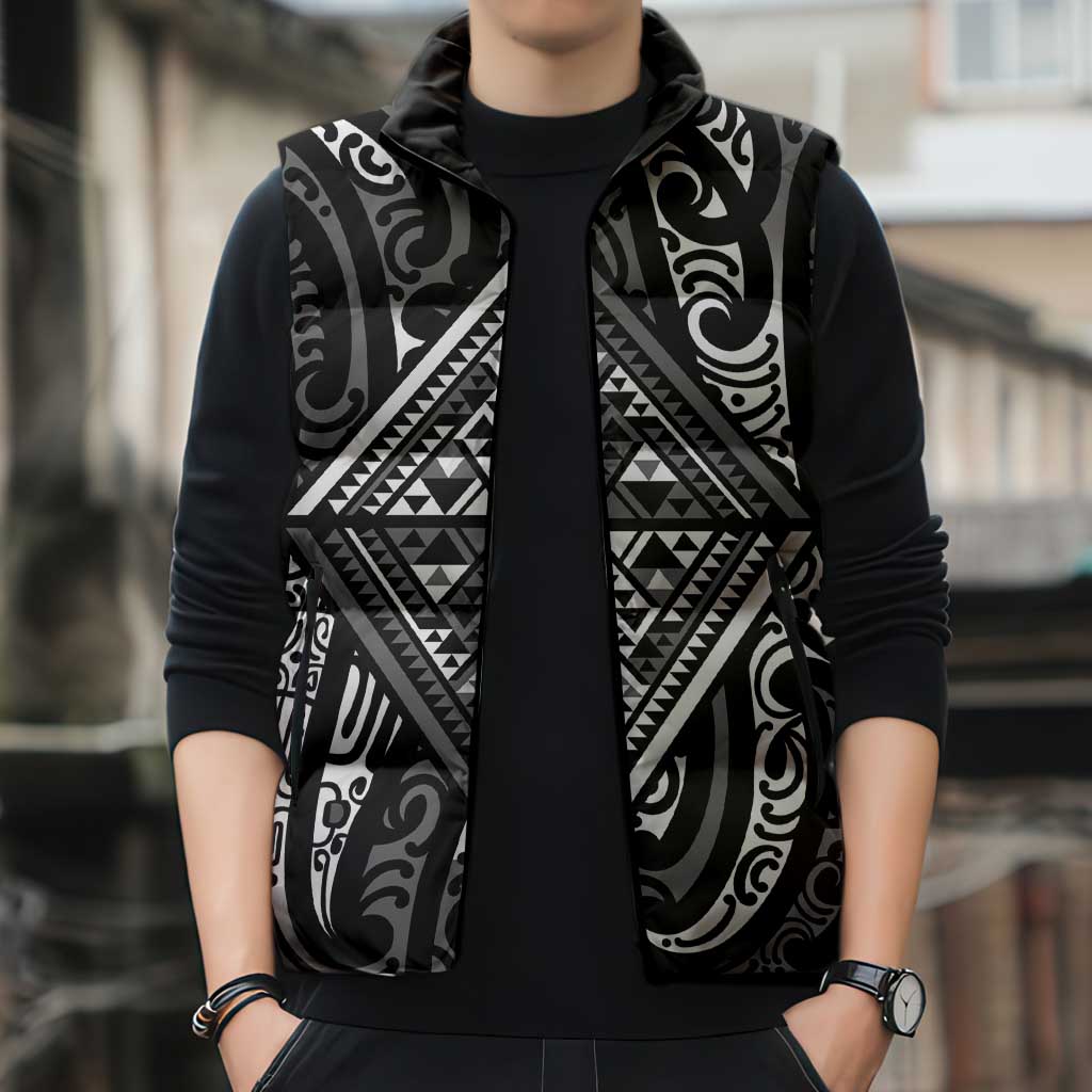 New Zealand Maori Taniko Sleeveless Puffer Jacket Black Kowhaiwhai Puhoro - Polynesian Pride