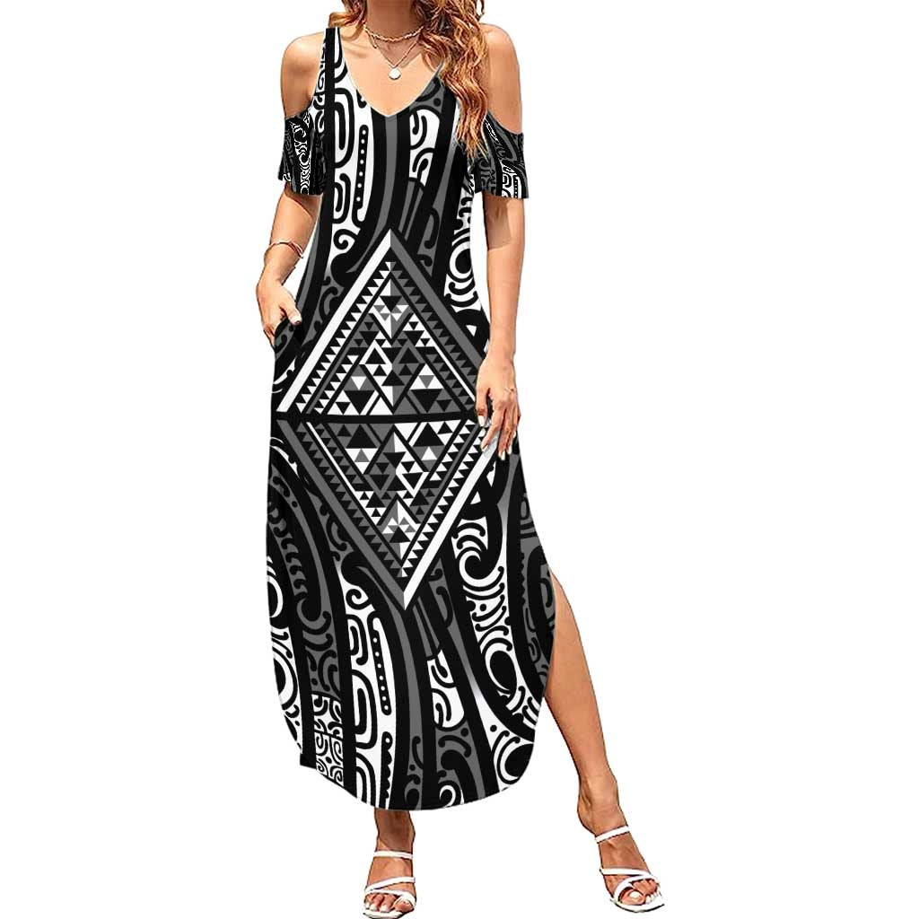 New Zealand Maori Taniko Summer Maxi Dress Black Kowhaiwhai Puhoro