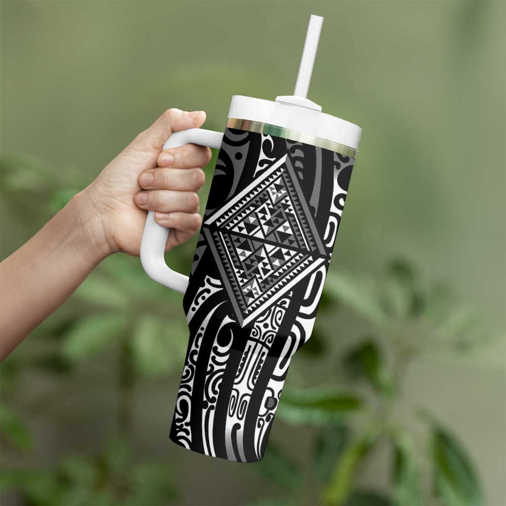 New Zealand Maori Taniko Tumbler With Handle Black Kowhaiwhai Puhoro