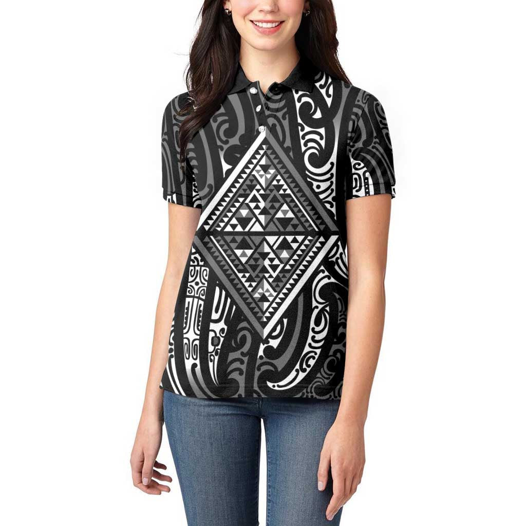 New Zealand Maori Taniko Women Polo Shirt Black Kowhaiwhai Puhoro