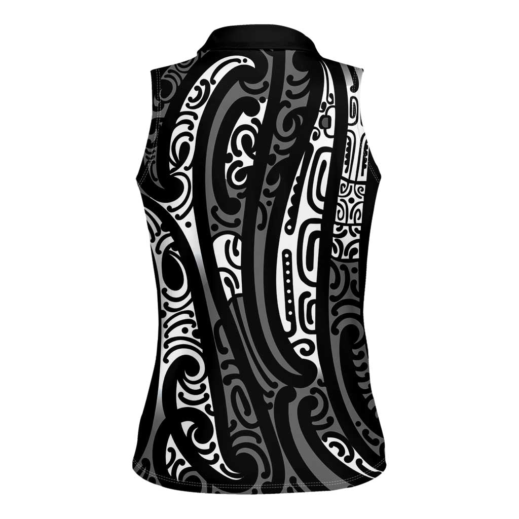 New Zealand Maori Taniko Women Sleeveless Polo Shirt Black Kowhaiwhai Puhoro
