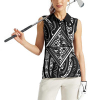 New Zealand Maori Taniko Women Sleeveless Polo Shirt Black Kowhaiwhai Puhoro