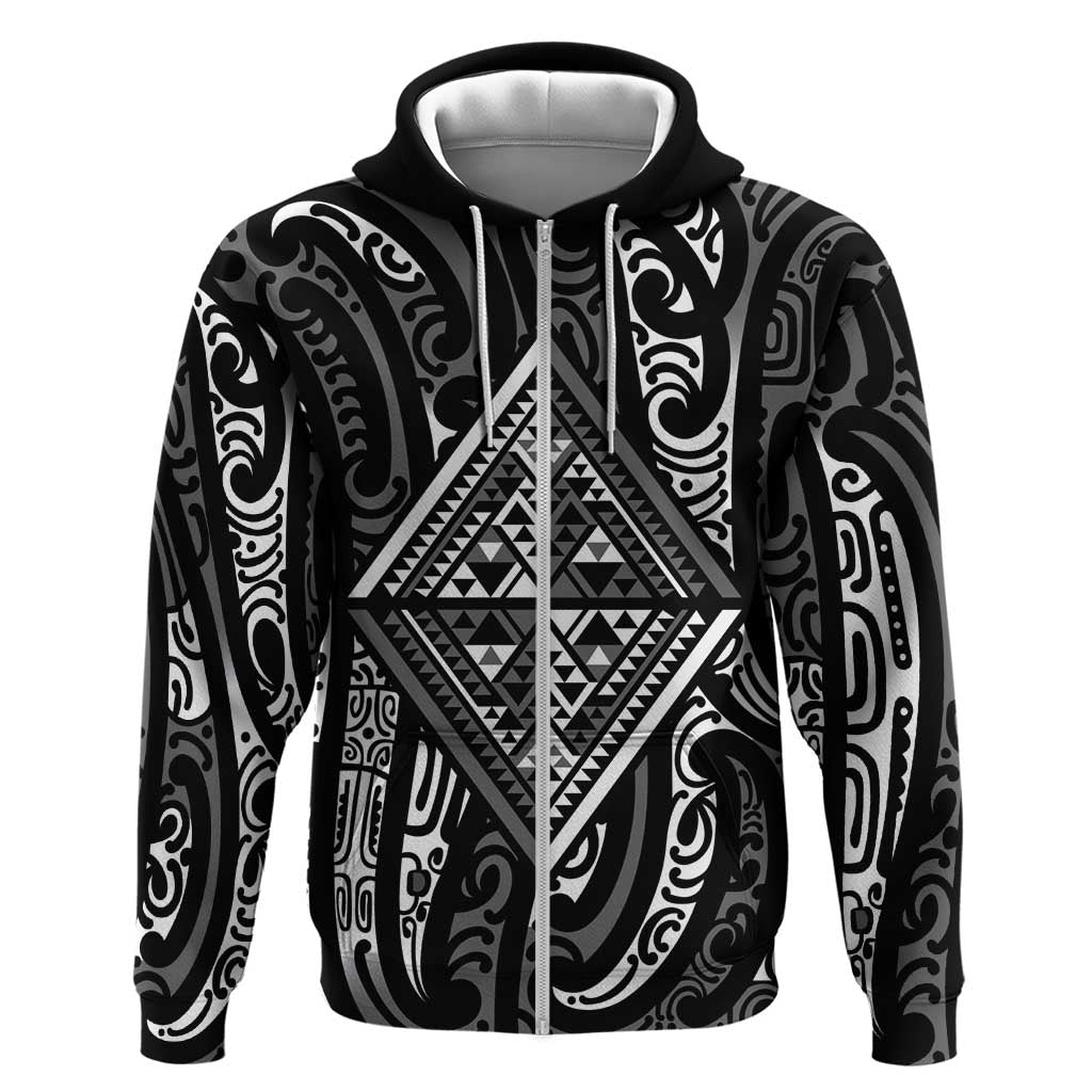 New Zealand Maori Taniko Zip Hoodie Black Kowhaiwhai Puhoro