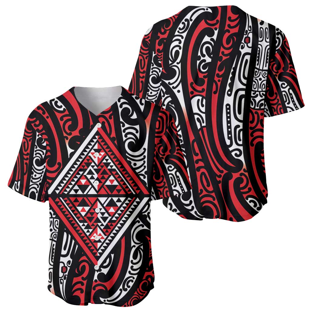 New Zealand Maori Taniko Baseball Jersey Red Kowhaiwhai Puhoro
