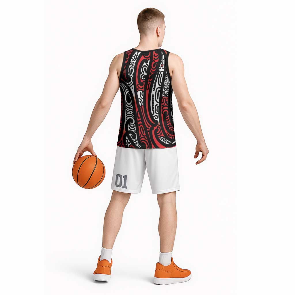 New Zealand Maori Taniko Basketball Jersey Red Kowhaiwhai Puhoro - Polynesian Pride
