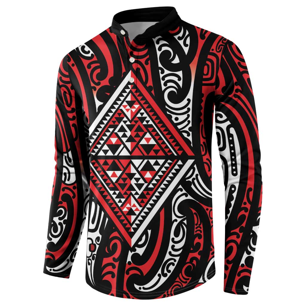 New Zealand Maori Taniko Button Sweatshirt Red Kowhaiwhai Puhoro LT9 - Polynesian Pride