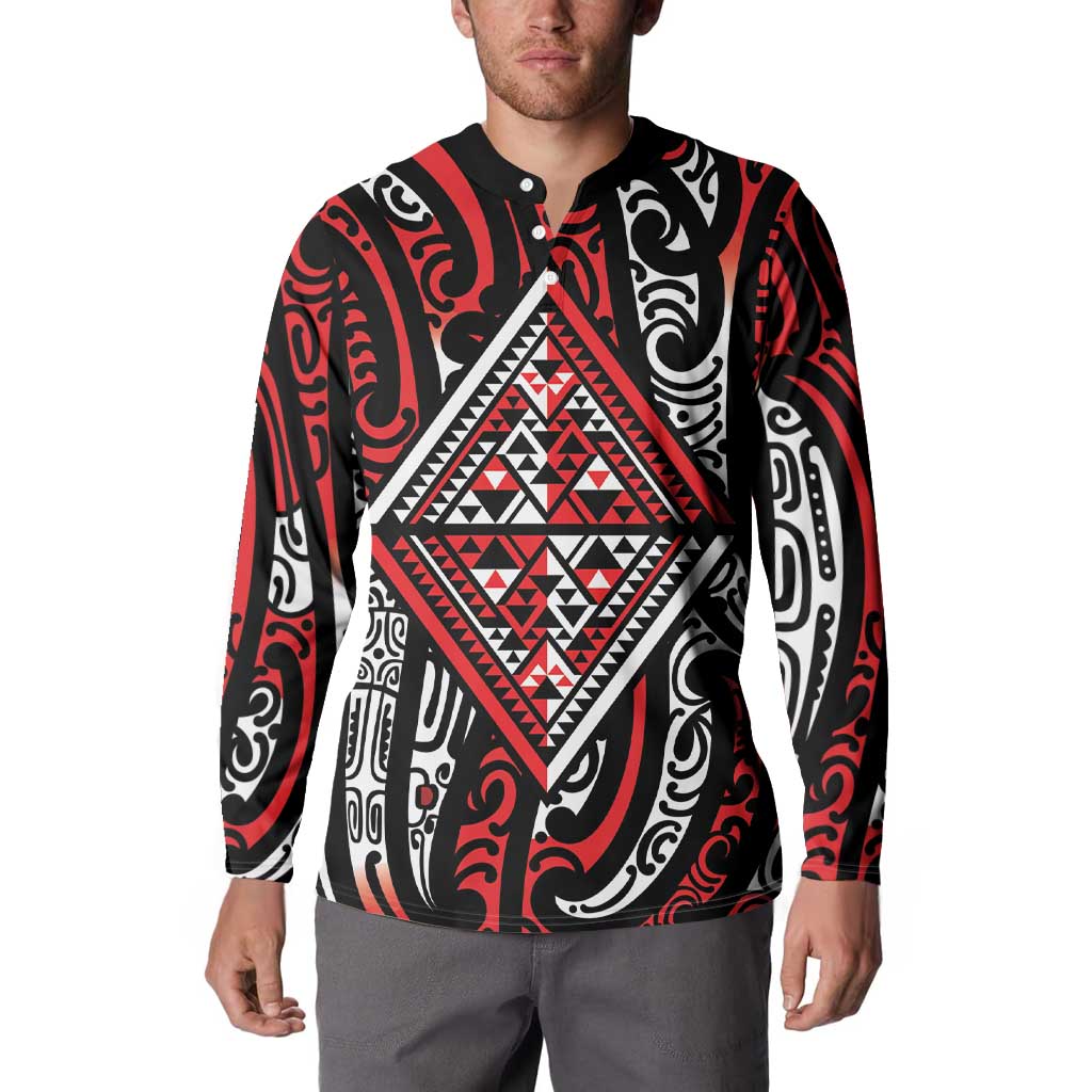 New Zealand Maori Taniko Button Sweatshirt Red Kowhaiwhai Puhoro LT9 - Polynesian Pride