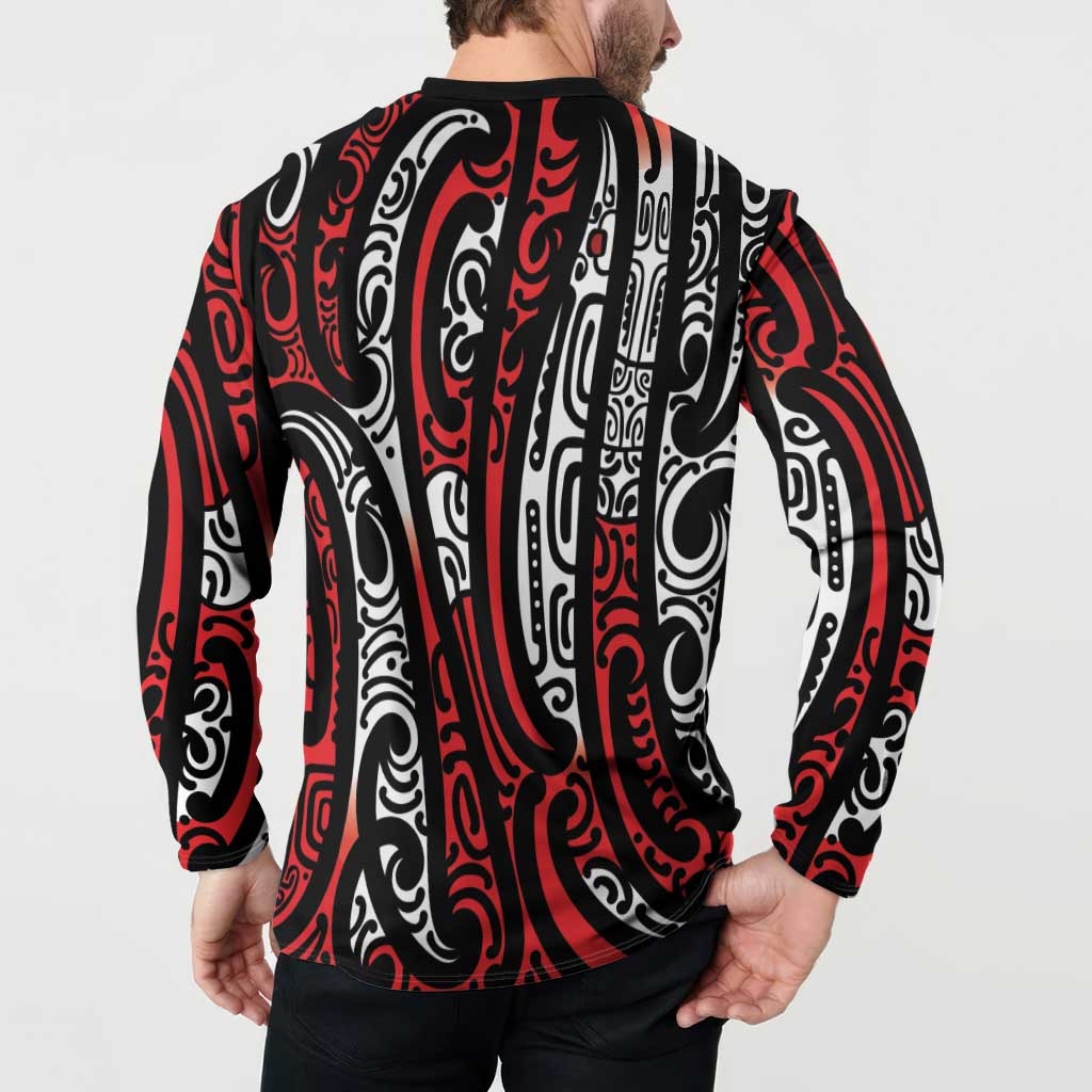 New Zealand Maori Taniko Button Sweatshirt Red Kowhaiwhai Puhoro LT9 - Polynesian Pride