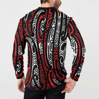 New Zealand Maori Taniko Button Sweatshirt Red Kowhaiwhai Puhoro LT9 - Polynesian Pride