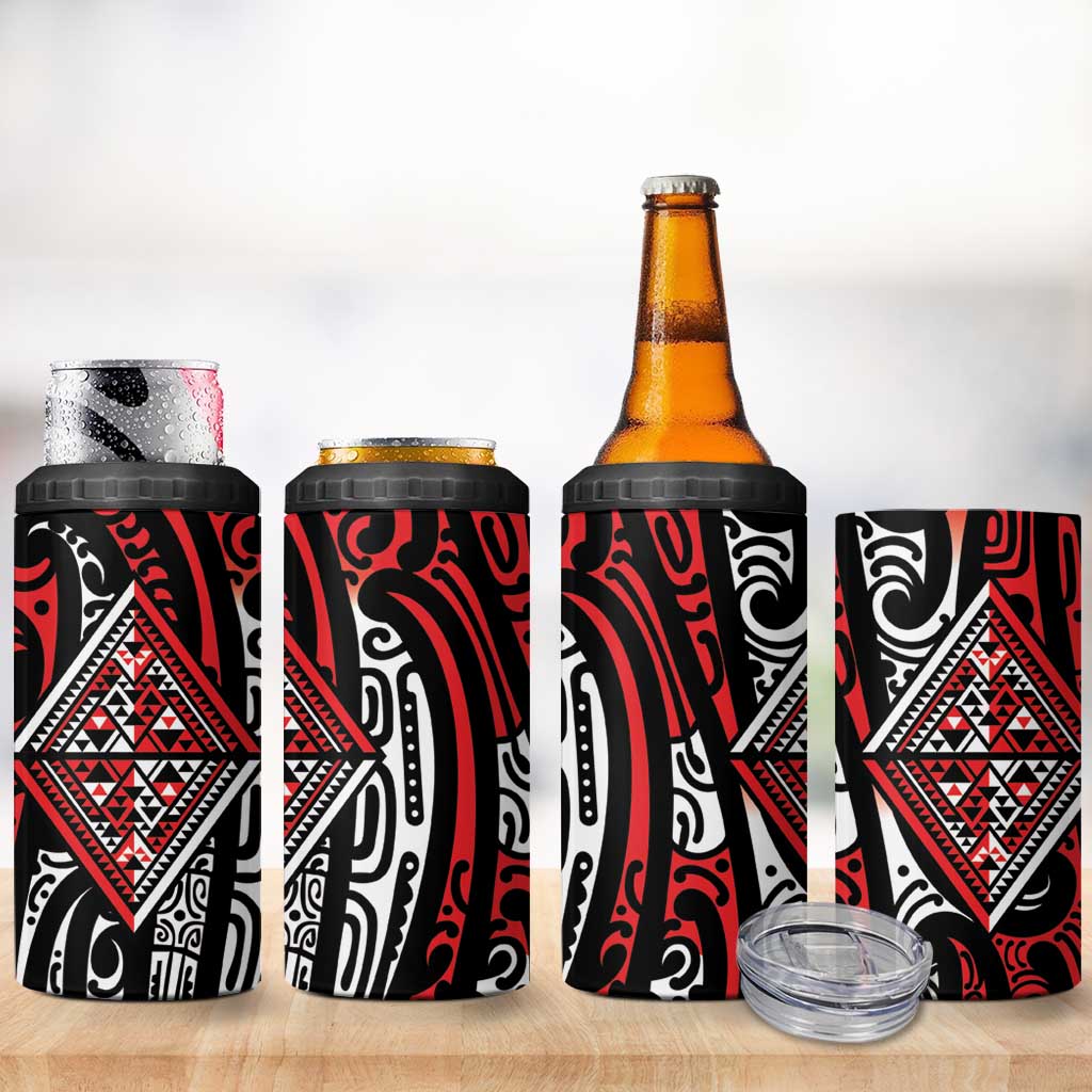 New Zealand Maori Taniko 4 in 1 Can Cooler Tumbler Red Kowhaiwhai Puhoro