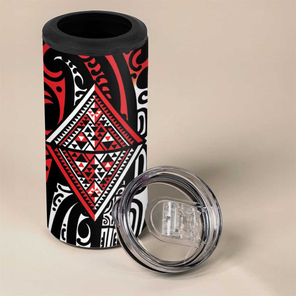 New Zealand Maori Taniko 4 in 1 Can Cooler Tumbler Red Kowhaiwhai Puhoro