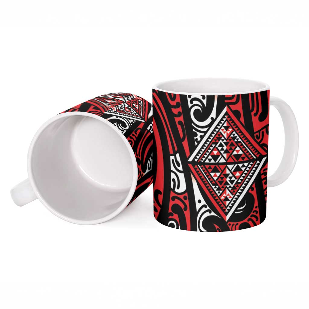 New Zealand Maori Taniko Ceramic Mug Red Kowhaiwhai Puhoro - Polynesian Pride