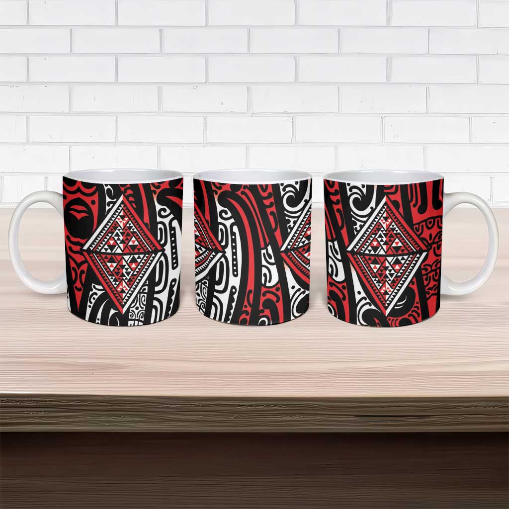 New Zealand Maori Taniko Ceramic Mug Red Kowhaiwhai Puhoro - Polynesian Pride