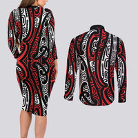 New Zealand Maori Taniko Couples Matching Long Sleeve Bodycon Dress and Long Sleeve Button Shirt Red Kowhaiwhai Puhoro