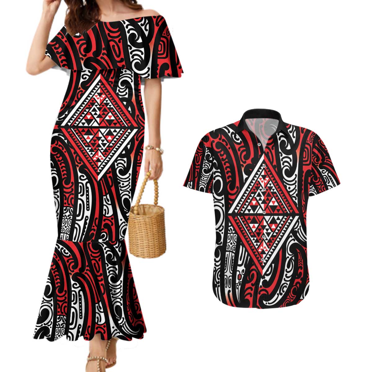 New Zealand Maori Taniko Couples Matching Mermaid Dress and Hawaiian Shirt Red Kowhaiwhai Puhoro