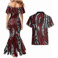 New Zealand Maori Taniko Couples Matching Mermaid Dress and Hawaiian Shirt Red Kowhaiwhai Puhoro
