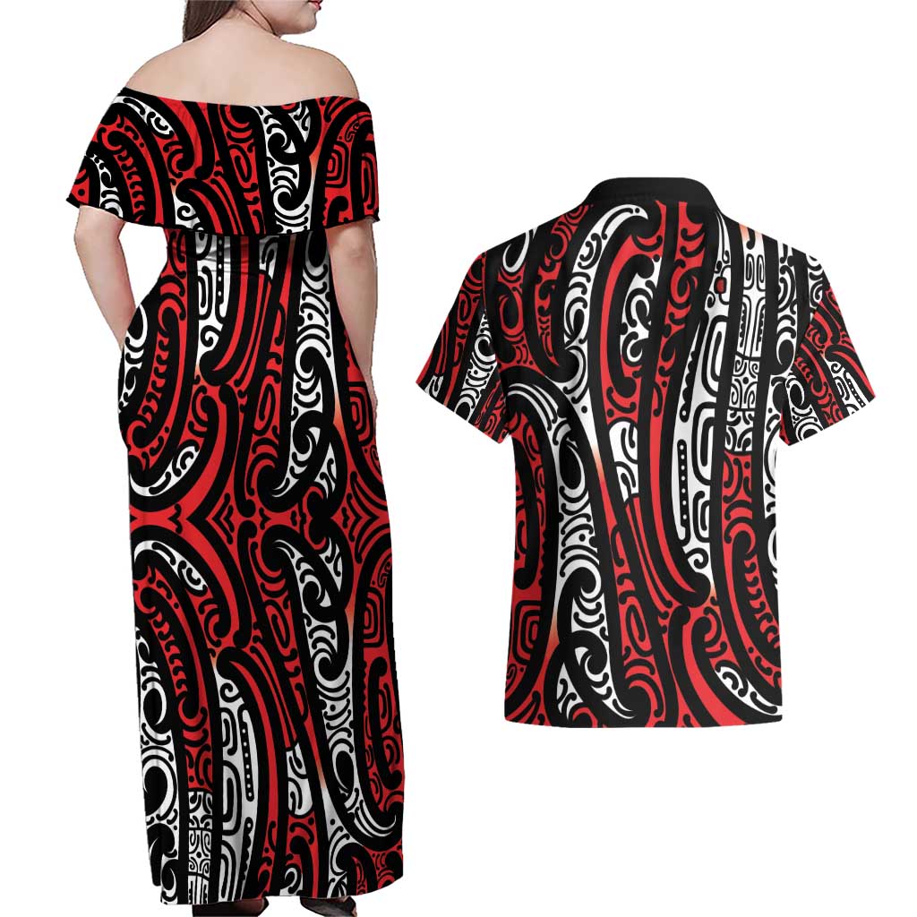 New Zealand Maori Taniko Couples Matching Off Shoulder Maxi Dress and Hawaiian Shirt Red Kowhaiwhai Puhoro