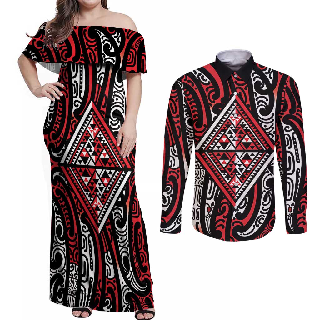 New Zealand Maori Taniko Couples Matching Off Shoulder Maxi Dress and Long Sleeve Button Shirt Red Kowhaiwhai Puhoro