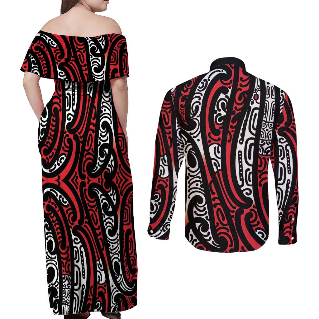 New Zealand Maori Taniko Couples Matching Off Shoulder Maxi Dress and Long Sleeve Button Shirt Red Kowhaiwhai Puhoro