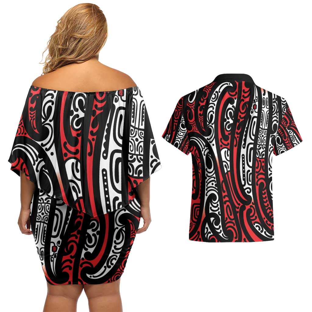 New Zealand Maori Taniko Couples Matching Off Shoulder Short Dress and Hawaiian Shirt Red Kowhaiwhai Puhoro