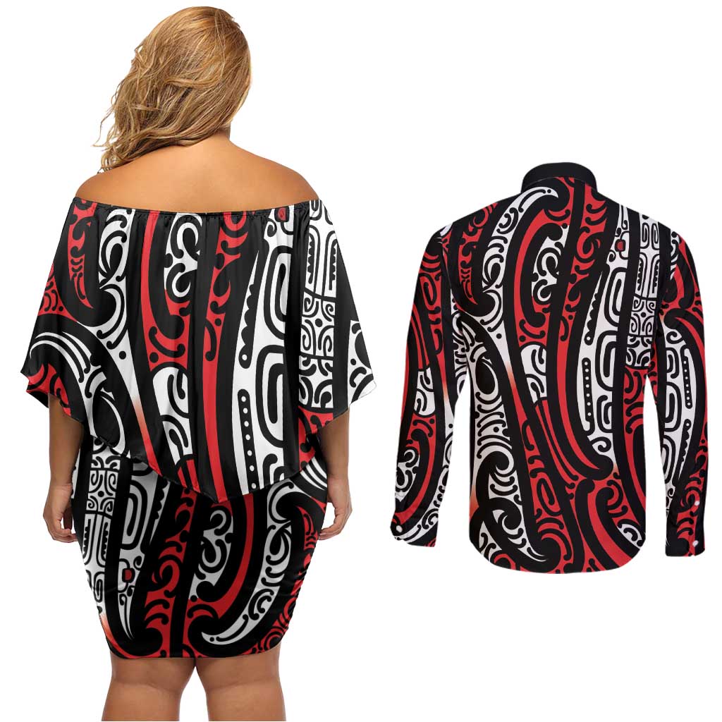 New Zealand Maori Taniko Couples Matching Off Shoulder Short Dress and Long Sleeve Button Shirt Red Kowhaiwhai Puhoro