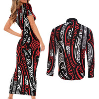 New Zealand Maori Taniko Couples Matching Short Sleeve Bodycon Dress and Long Sleeve Button Shirt Red Kowhaiwhai Puhoro