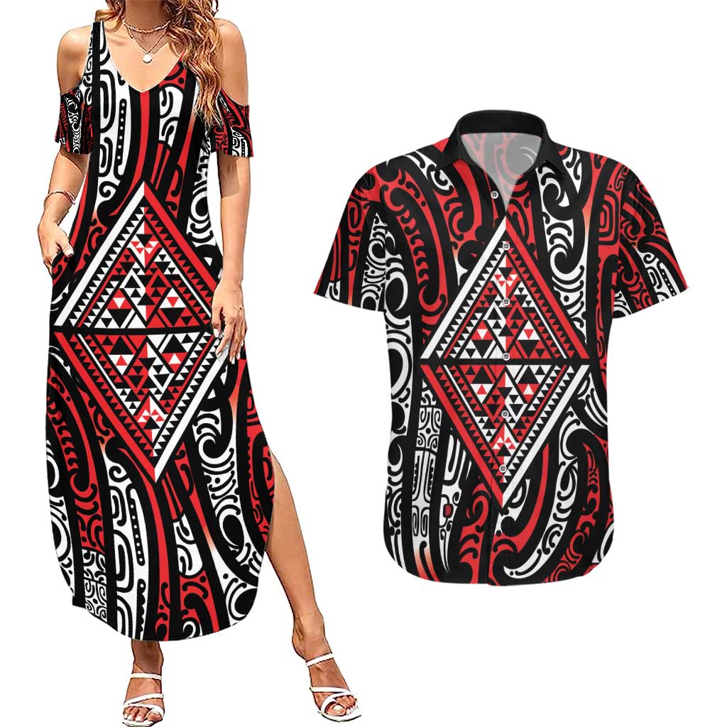 New Zealand Maori Taniko Couples Matching Summer Maxi Dress and Hawaiian Shirt Red Kowhaiwhai Puhoro