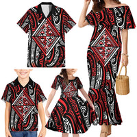 New Zealand Maori Taniko Family Matching Mermaid Dress and Hawaiian Shirt Red Kowhaiwhai Puhoro