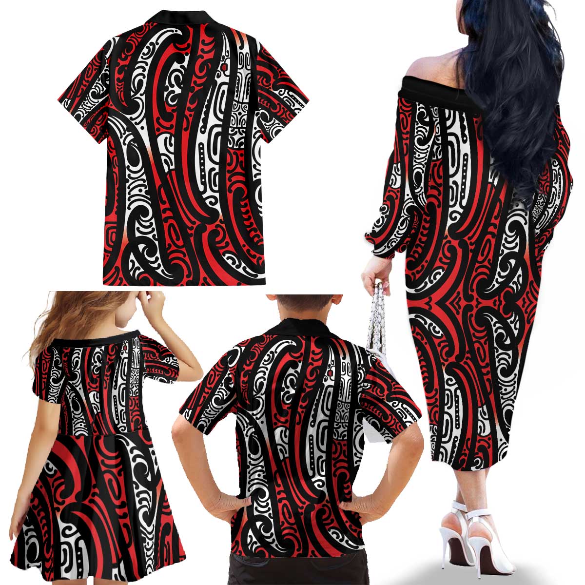 New Zealand Maori Taniko Family Matching Off The Shoulder Long Sleeve Dress and Hawaiian Shirt Red Kowhaiwhai Puhoro