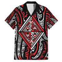 New Zealand Maori Taniko Family Matching Off The Shoulder Long Sleeve Dress and Hawaiian Shirt Red Kowhaiwhai Puhoro