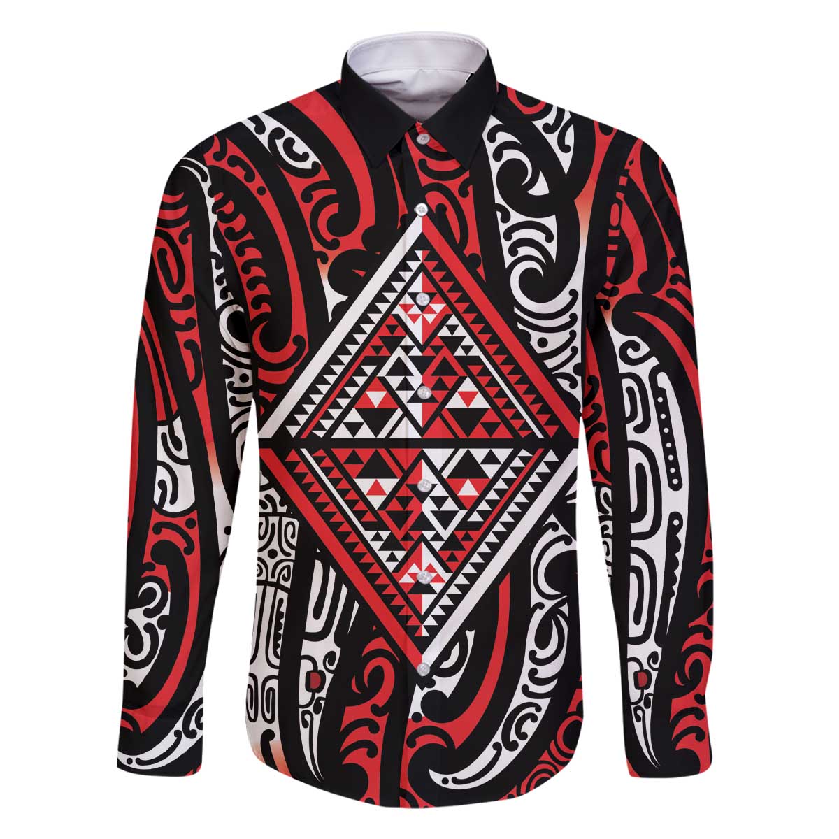 New Zealand Maori Taniko Family Matching Off The Shoulder Long Sleeve Dress and Hawaiian Shirt Red Kowhaiwhai Puhoro