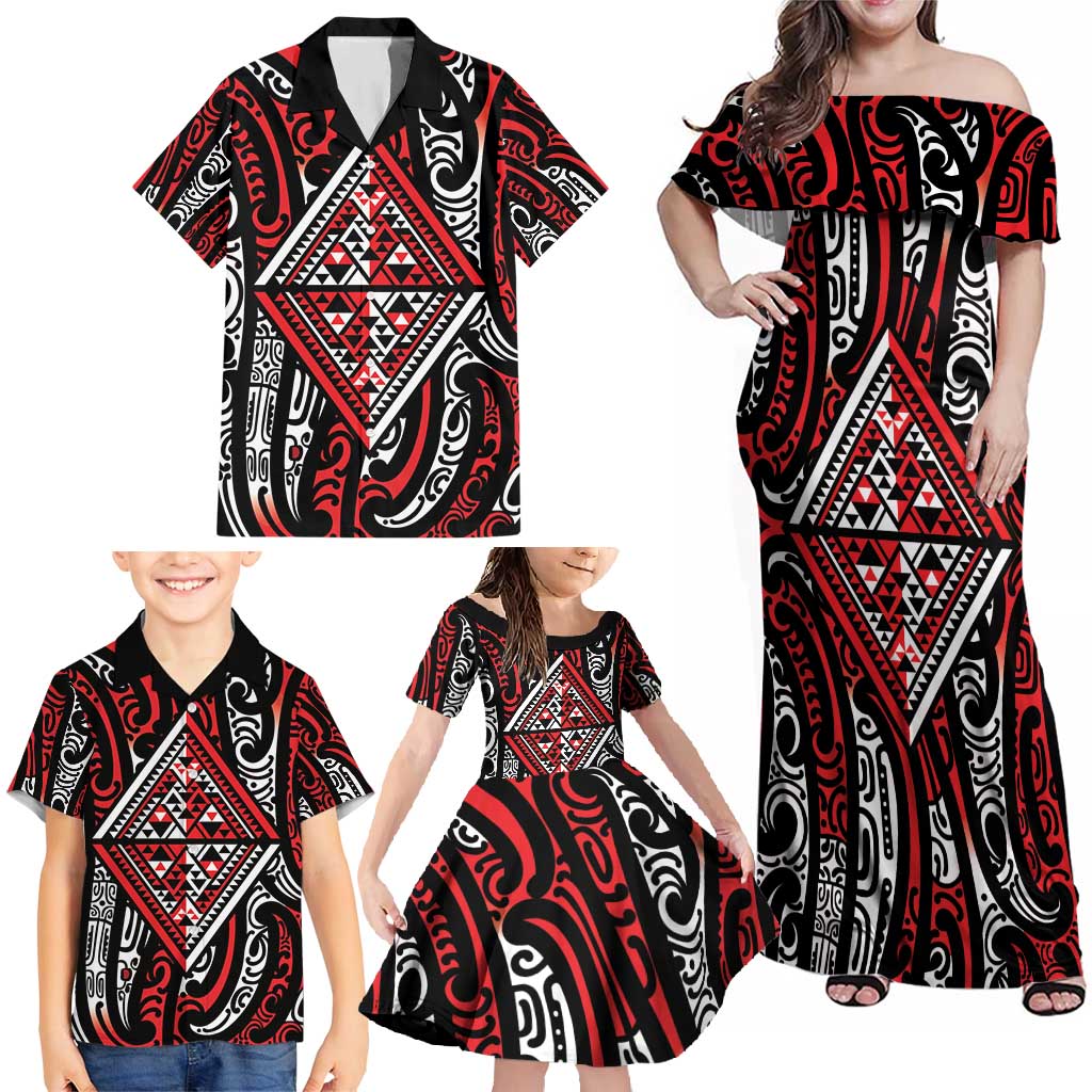 New Zealand Maori Taniko Family Matching Off Shoulder Maxi Dress and Hawaiian Shirt Red Kowhaiwhai Puhoro