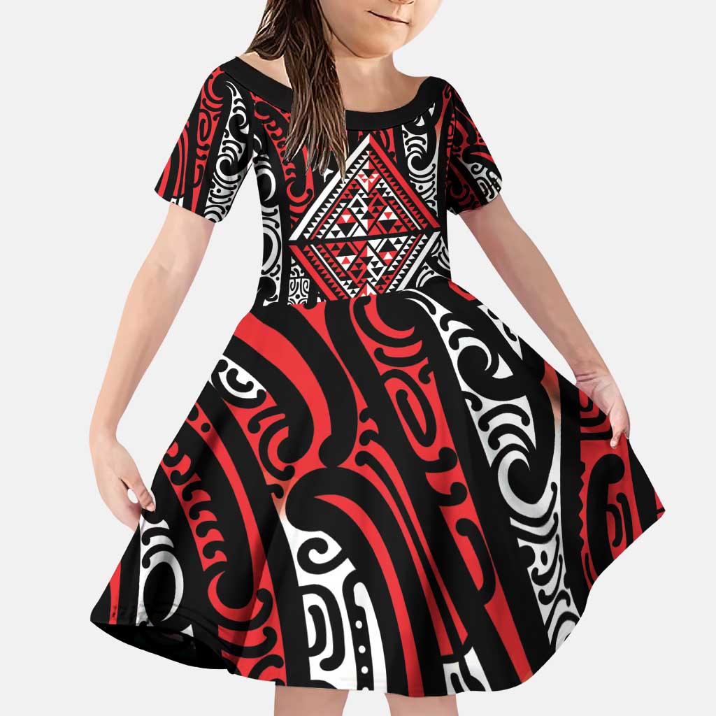 New Zealand Maori Taniko Family Matching Puletasi and Hawaiian Shirt Red Kowhaiwhai Puhoro LT9 Daughter's Dress Red - Polynesian Pride