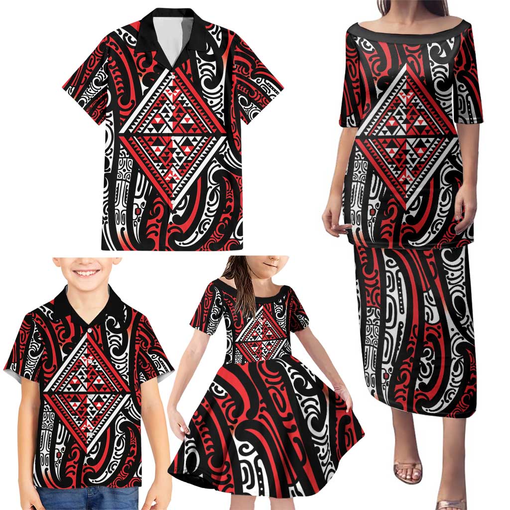New Zealand Maori Taniko Family Matching Puletasi and Hawaiian Shirt Red Kowhaiwhai Puhoro LT9 - Polynesian Pride