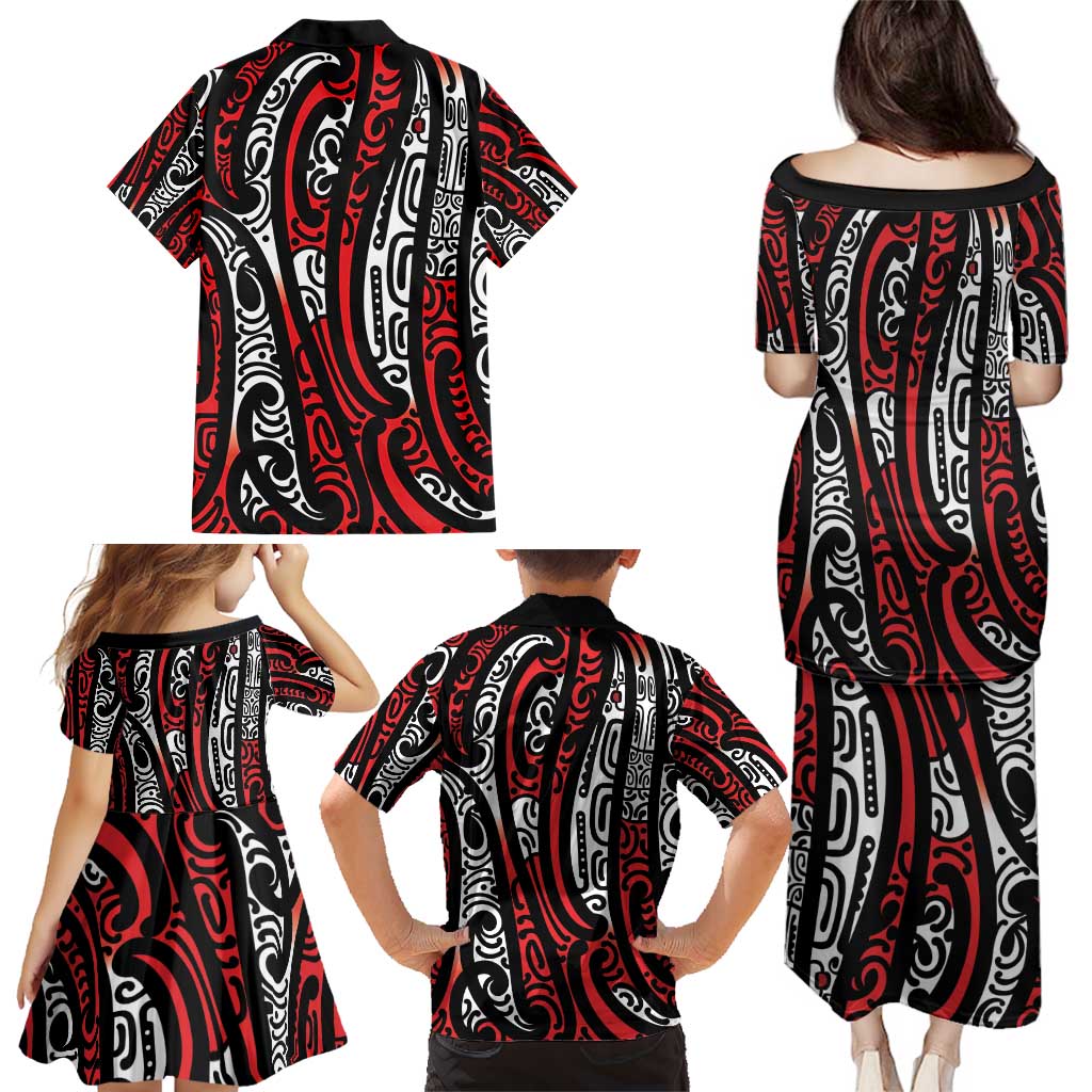 New Zealand Maori Taniko Family Matching Puletasi and Hawaiian Shirt Red Kowhaiwhai Puhoro LT9 - Polynesian Pride