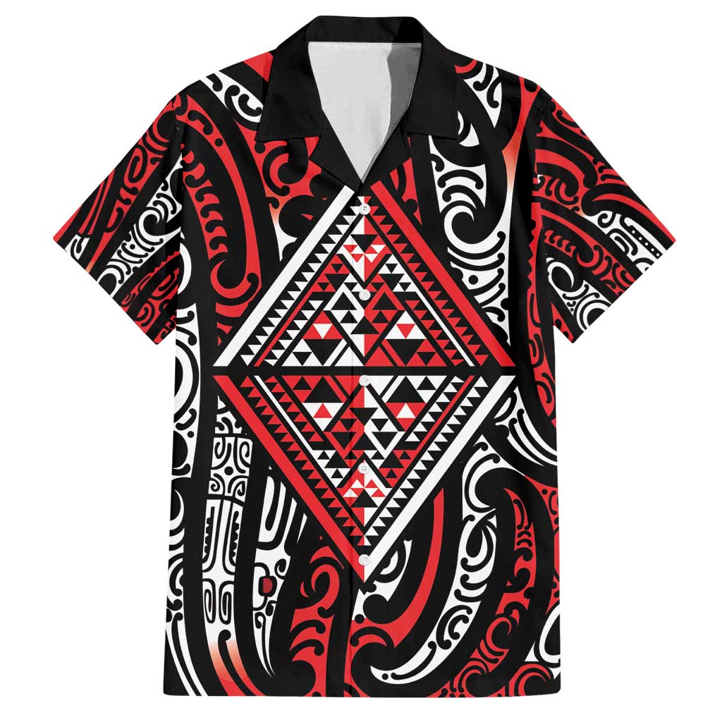 New Zealand Maori Taniko Family Matching Puletasi and Hawaiian Shirt Red Kowhaiwhai Puhoro LT9 Dad's Shirt - Short Sleeve Red - Polynesian Pride