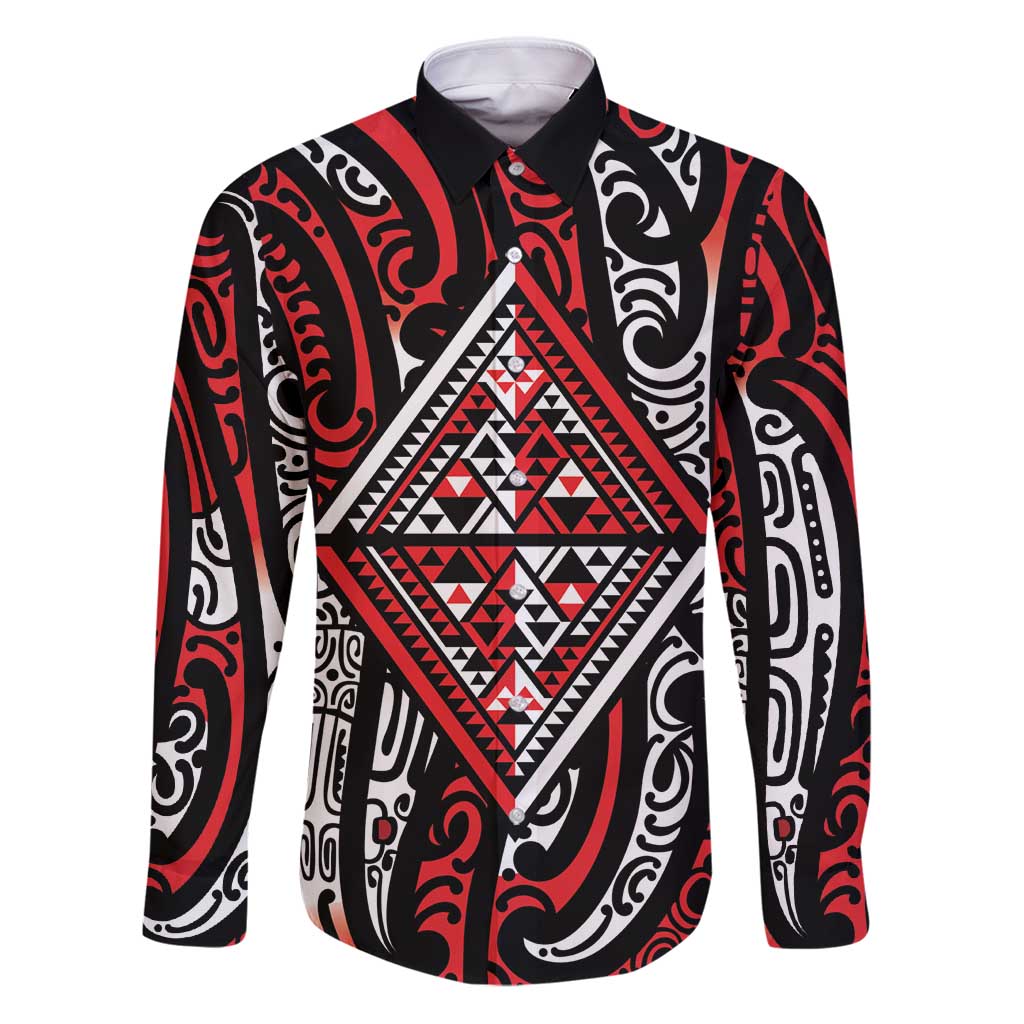 New Zealand Maori Taniko Family Matching Puletasi and Hawaiian Shirt Red Kowhaiwhai Puhoro LT9 Dad's Shirt - Long Sleeve Red - Polynesian Pride