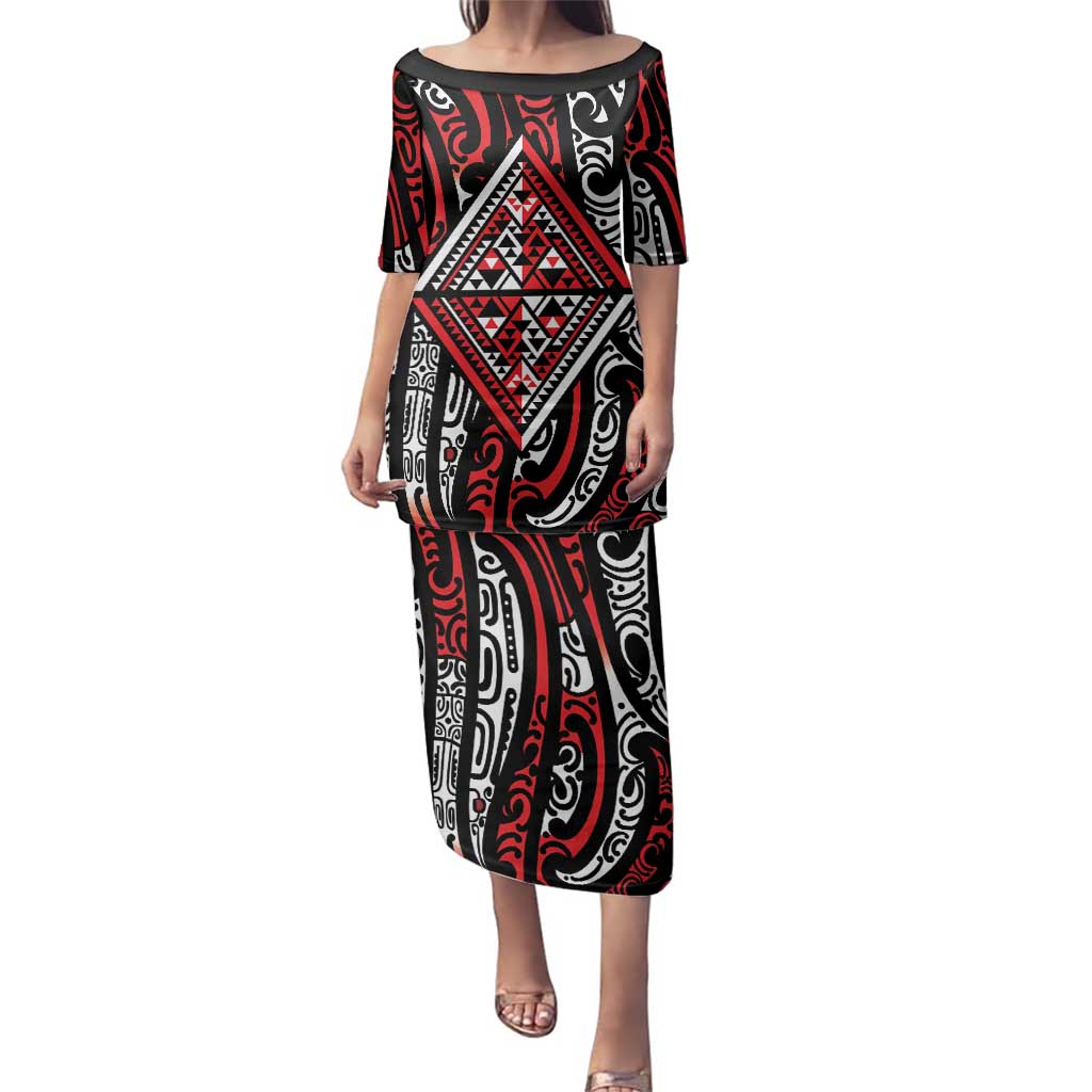 New Zealand Maori Taniko Family Matching Puletasi and Hawaiian Shirt Red Kowhaiwhai Puhoro LT9 Mom's Dress Red - Polynesian Pride